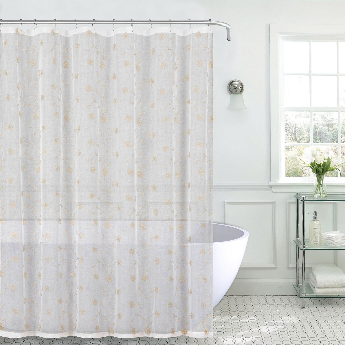 Royal Bath Metallic Daisy Embroidered Sheer Fabric Shower Curtain (70" x 72") with Roller Hooks - Ivory/Gold