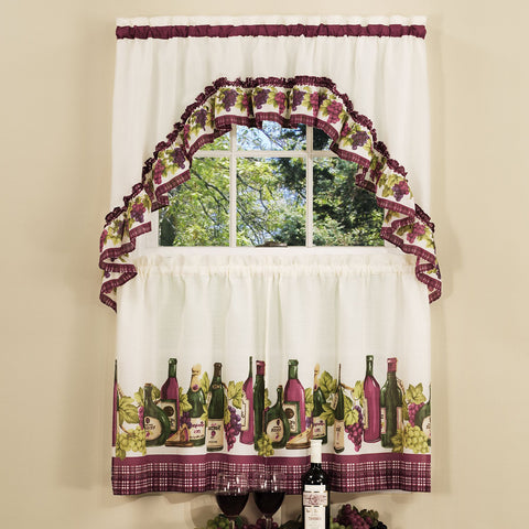 Traditional Elegance Chardonnay - Printed Tier and Swag Window Curtain Set - 57x36 - Burgundy