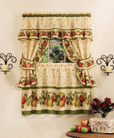 Traditional Elegance Apple Orchard Cottage Window Curtain Set - 57x36 Tier Pair/57x36 Ruffled Topper with attached valance and tiebacks. - Antique