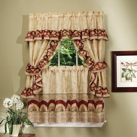 Traditional Elegance Sunflower Cottage Window Curtain Set - 57x36 Tier Pair/57x36 Ruffled Topper with attached valance and tiebacks. - Antique