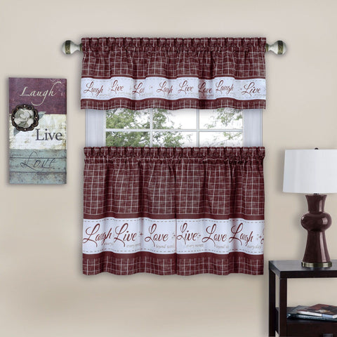 Traditional Elegance Live, Love, Laugh Window Curtain Tier Pair and Valance Set - 58x36 - Burgundy