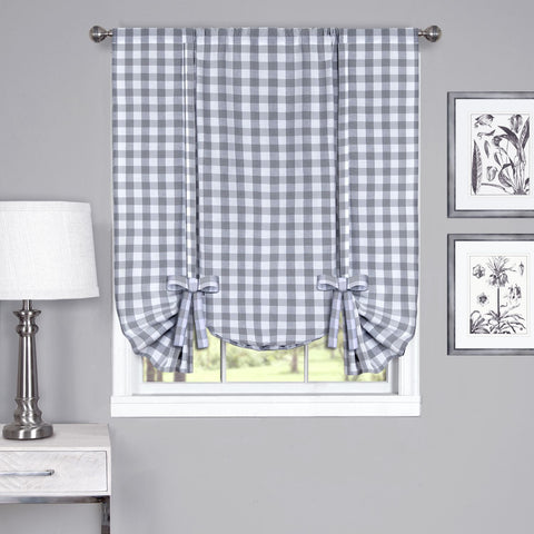 Traditional Elegance Buffalo Check Window Curtain Tie Up Shade - 42x63 - Grey