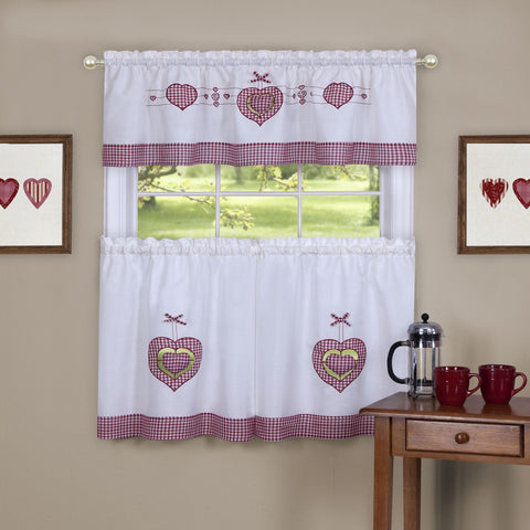 Traditional Elegance Gingham Hearts Embellished Tier and Valance Window Curtain Set - 56x36 - Multi