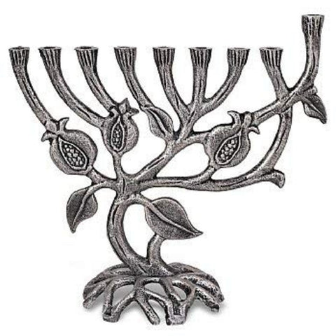 Ben&Jonah Pomegranate Tree Aluminum Menorah with Antique Silver Finish-9 1/4" L x 8 1/4" H