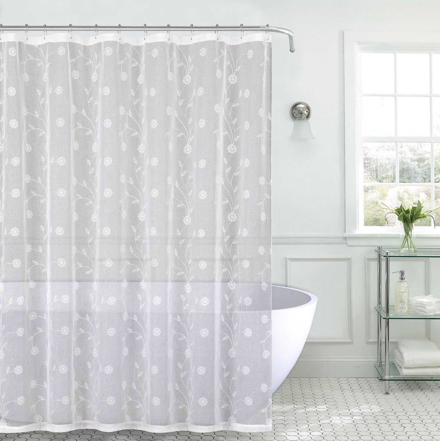 Royal Bath Metallic Daisy Embroidered Sheer Fabric Shower Curtain (70" x 72") with Roller Hooks - White/Silver